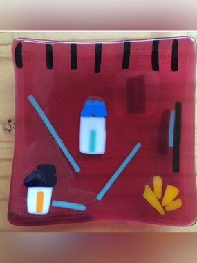 “Island” Inspired Fused Art Glass  Handmade 6” Square Plate Brilliant Pink